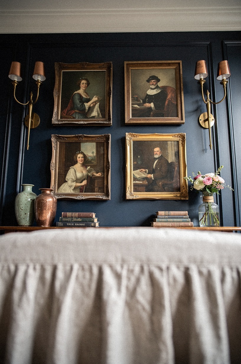 Mount sconces beside moody oil portraits