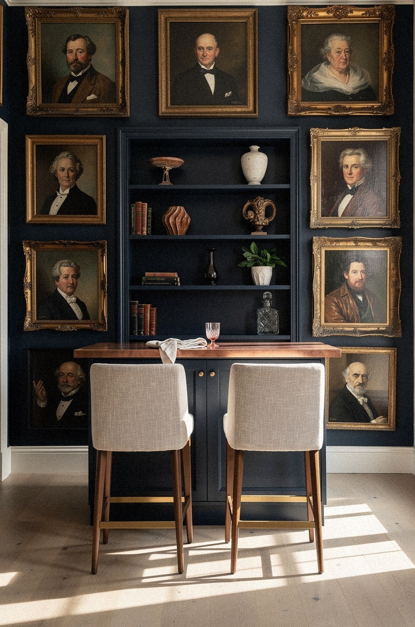 Frame vintage portraits around the bar