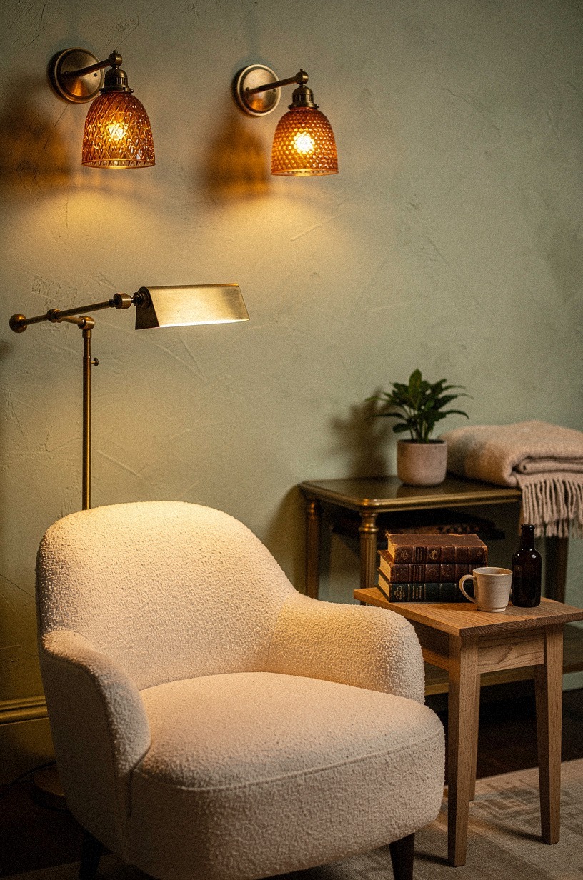 Mount swing-arm sconces with amber glass shades