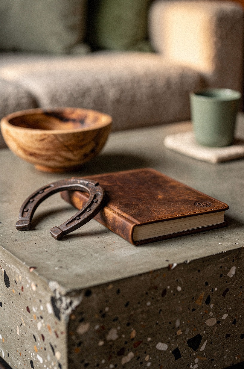 Style horseshoes beside leather-bound cocktail books