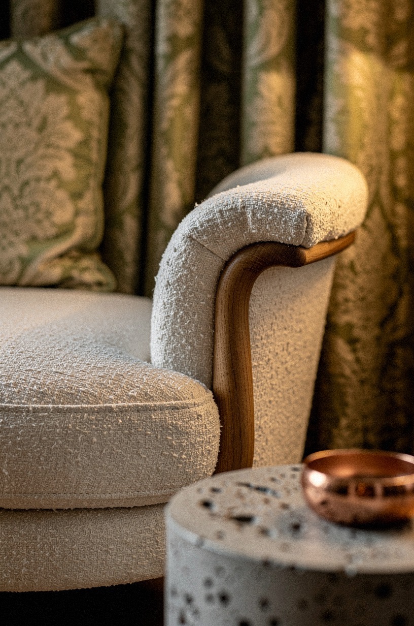 Layer damask drapes behind the lounge chairs