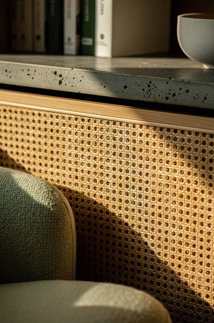 Hide speaker panels inside cane cabinet fronts