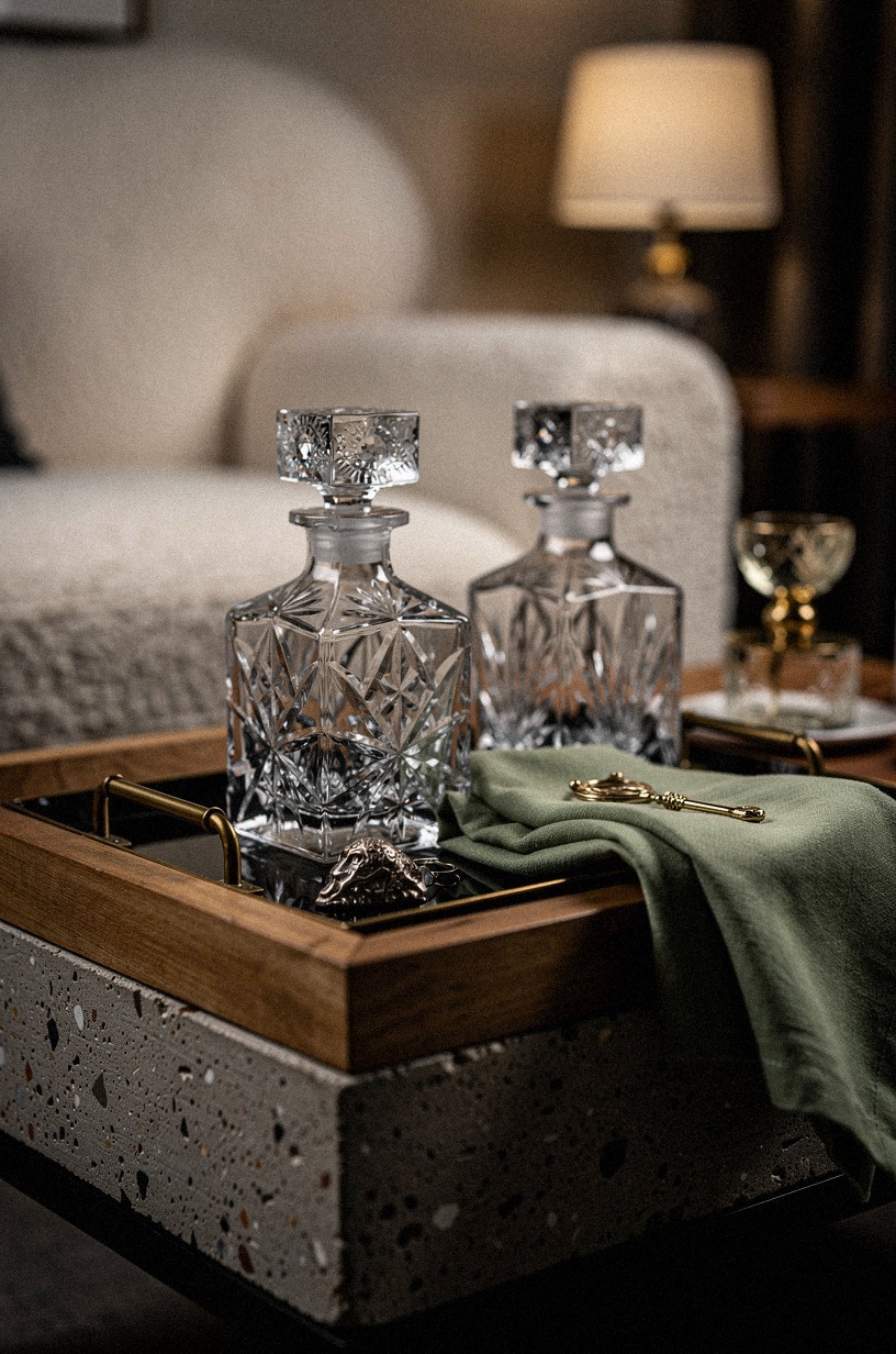 Style a tray with cut crystal decanters