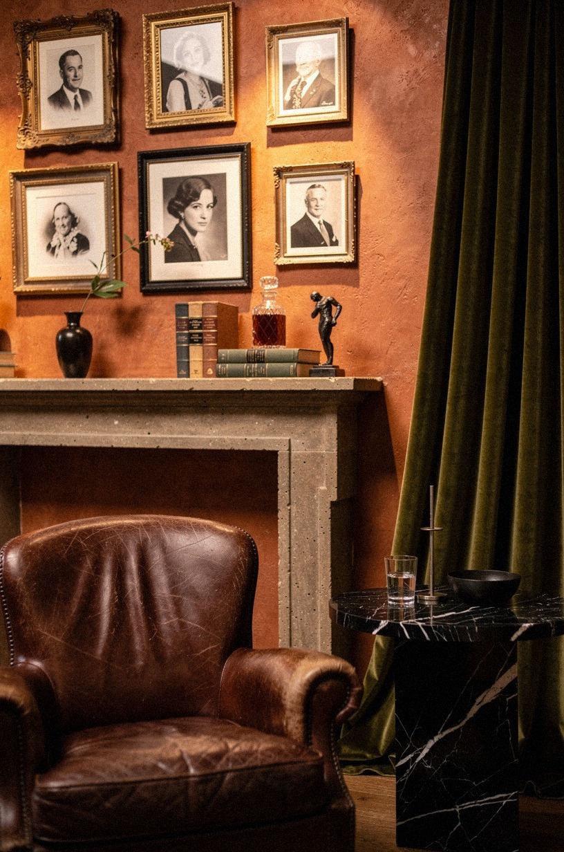 Display framed black-and-white portraits in gilded frames