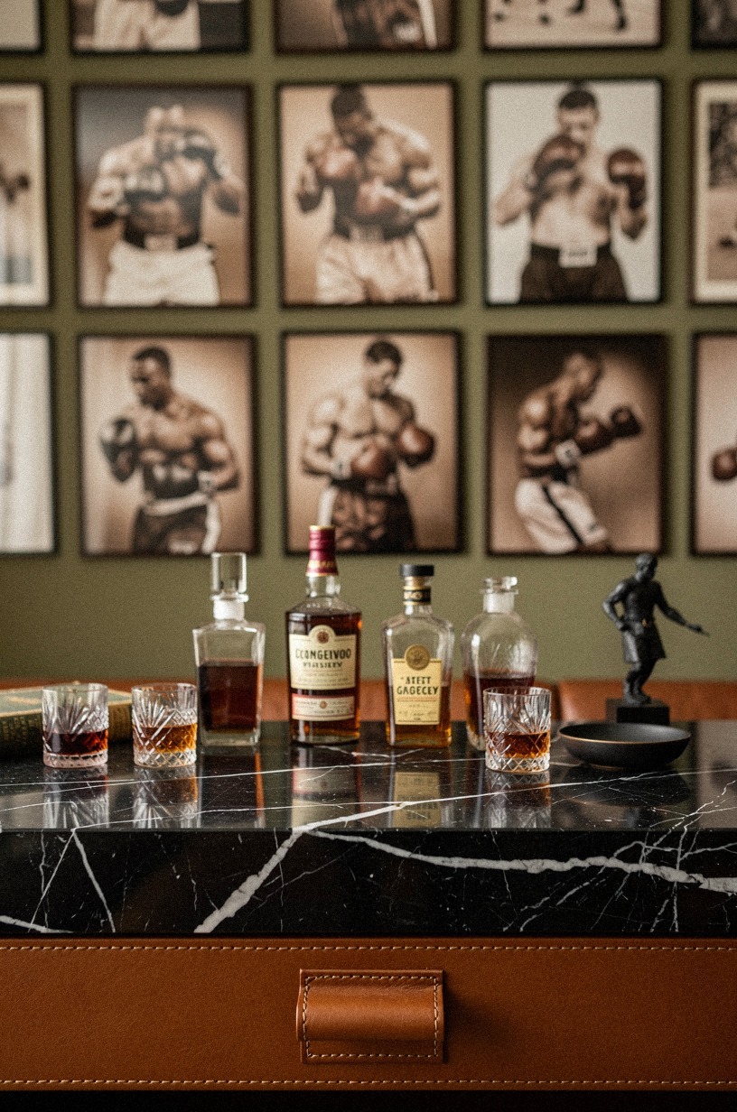 Hang sepia boxing prints in a salon-style cluster