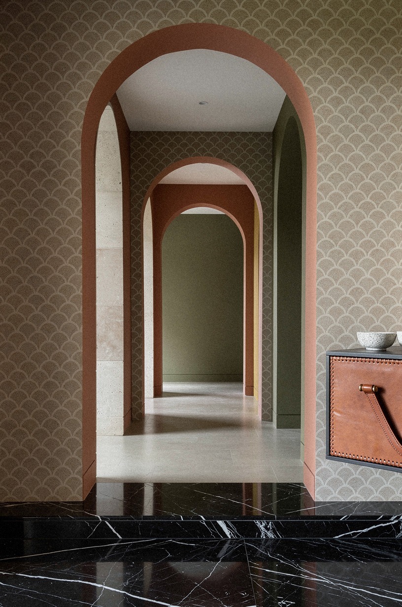 Repeat scallop wallpaper around arched doorways