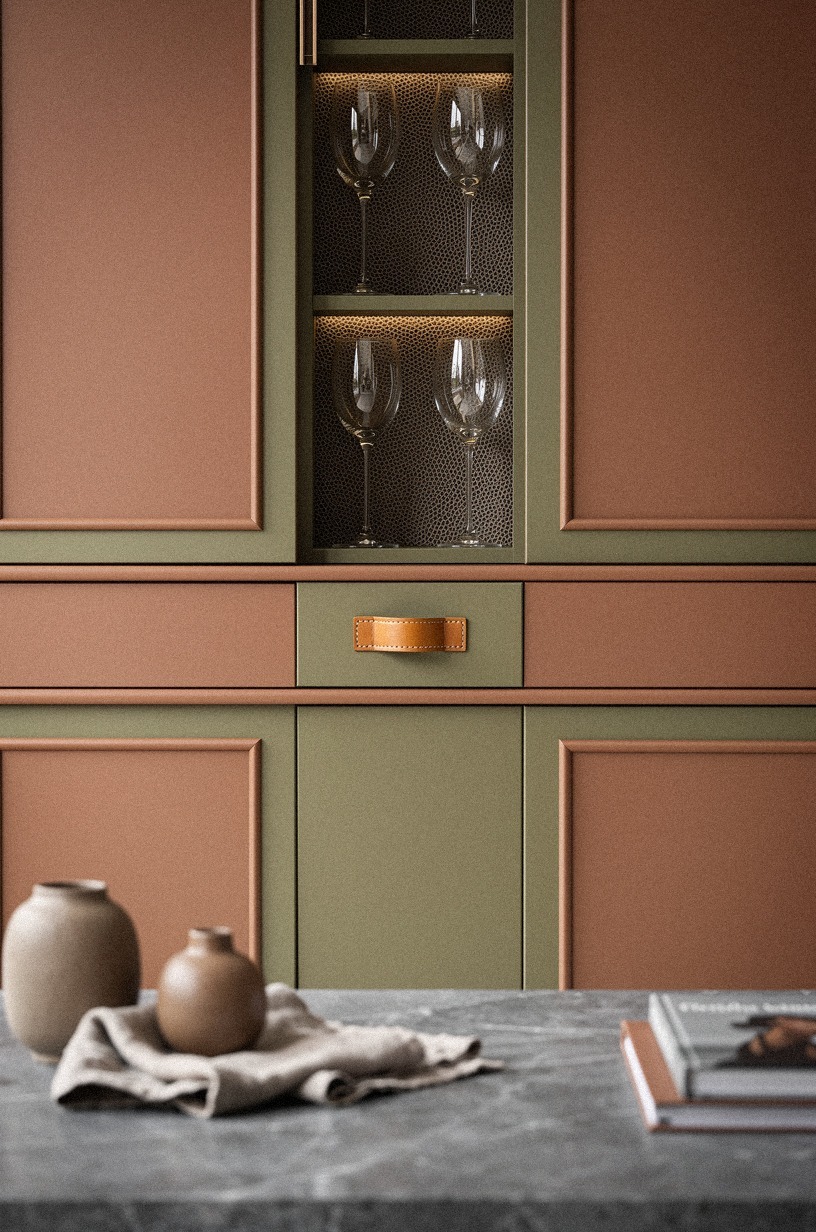 Camouflage stemware inside matching wall moulding