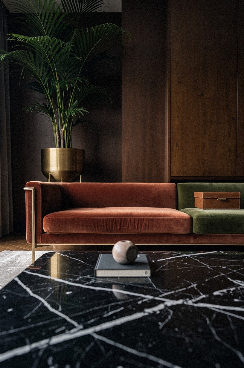 Prop a tall potted palm or fiddle-leaf fig in a brass planter to soften hard lines