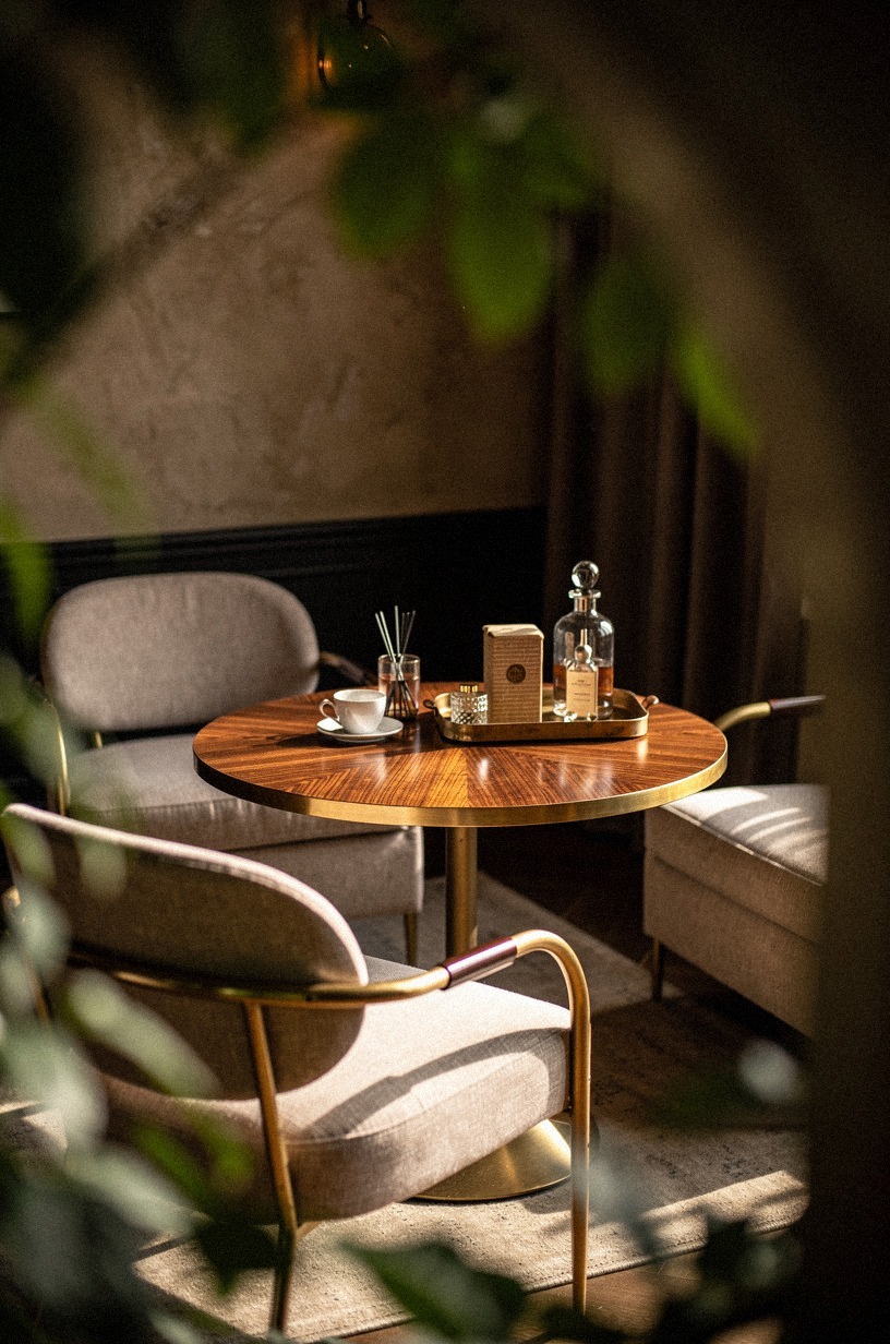 Float a round cocktail table between chairs