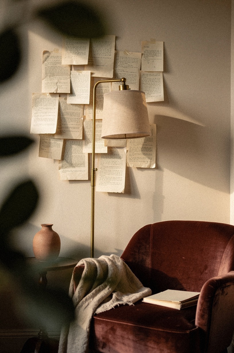 Layer telegram prints around the floor lamp
