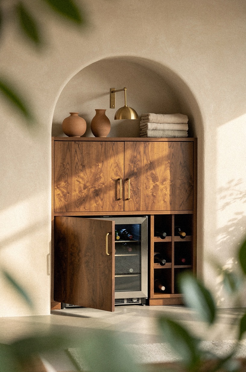 Hide a mini fridge under closed shelving (Instead of Letting It Shout)
