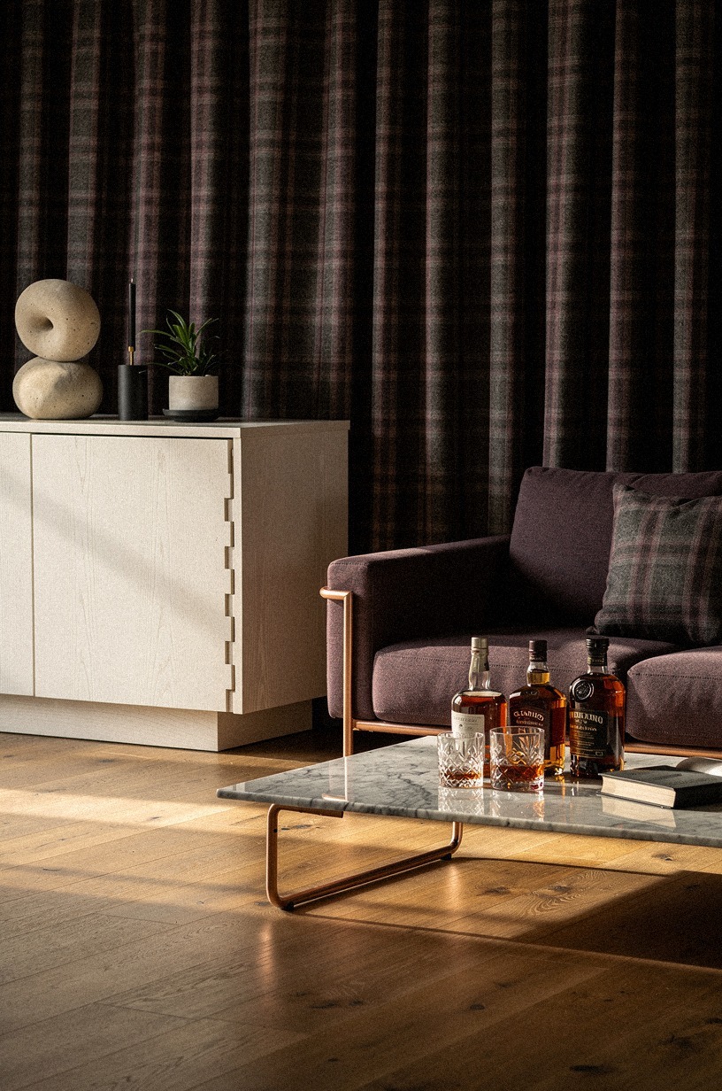 Skip bare windows and layer tartan drapes behind the seating