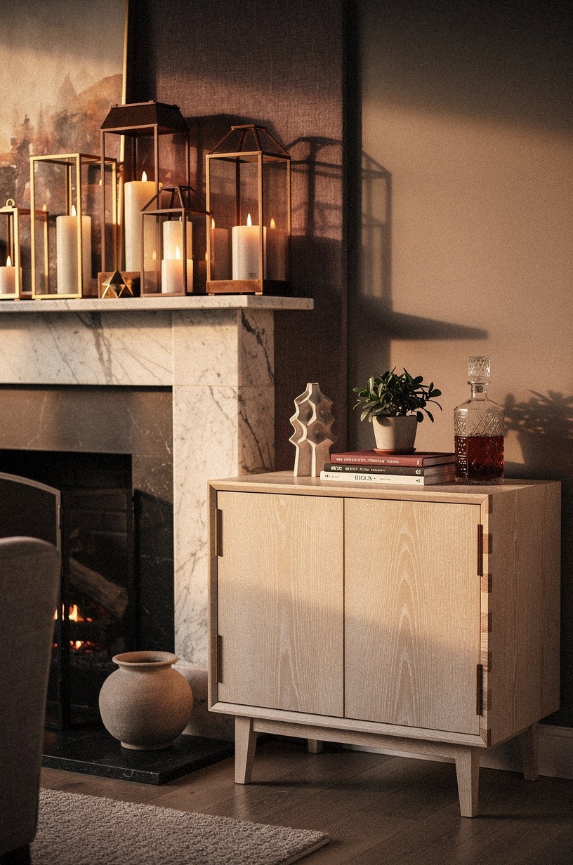 Layer candle lanterns along the mantel