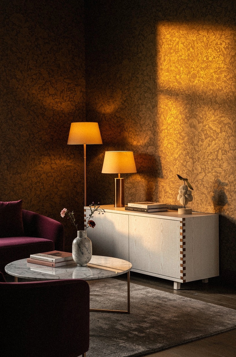 Glow amber lamps against tobacco floral wallpaper