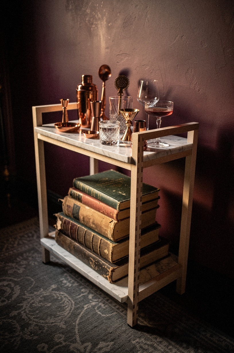 Stack old books beneath a bar cart