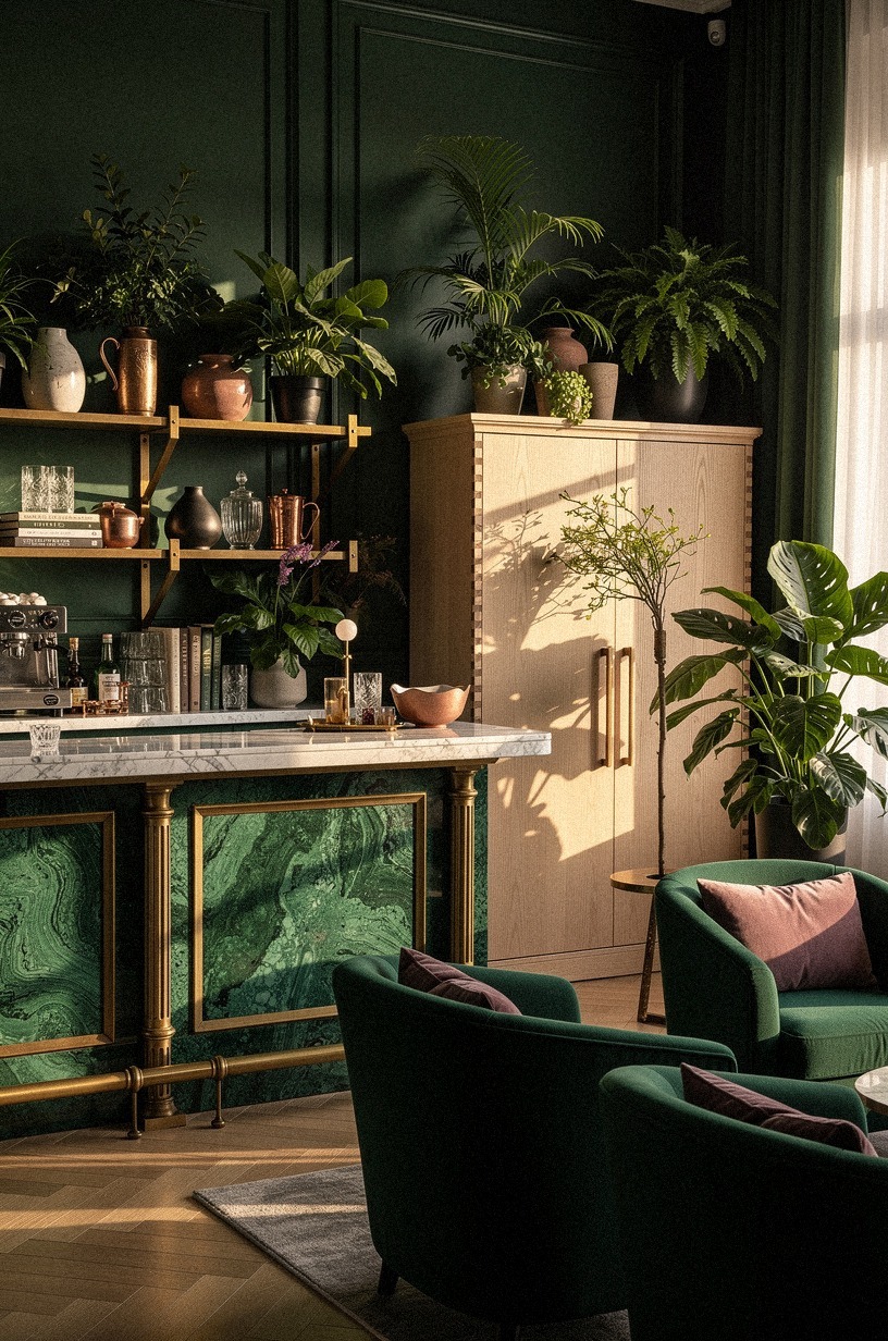 Mix malachite accents with aged brass