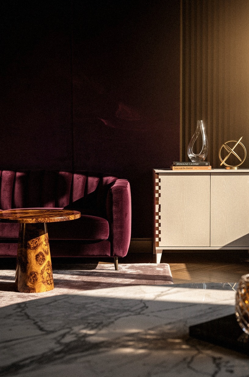 Finish with a single sculptural pedestal table in burl wood or lacquer beside the main seating