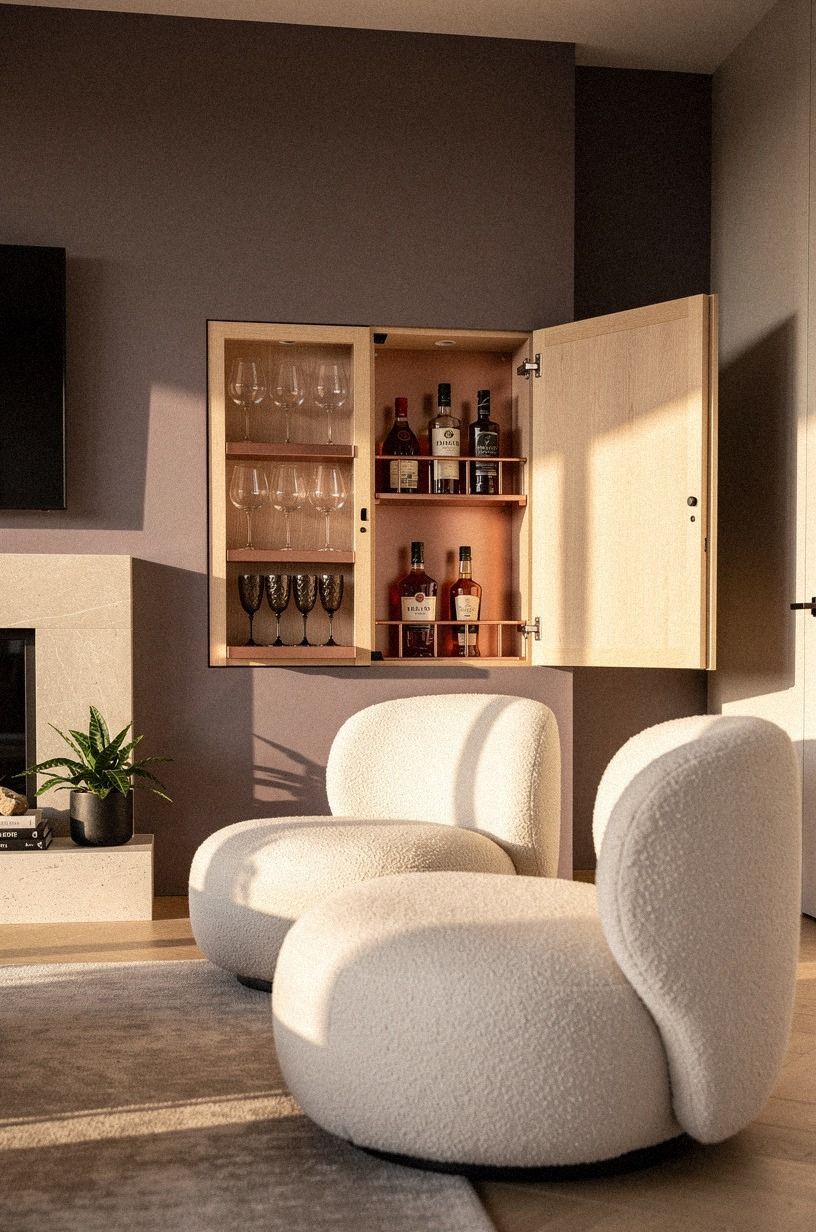 Nest a lockable bar inside the fireplace wall