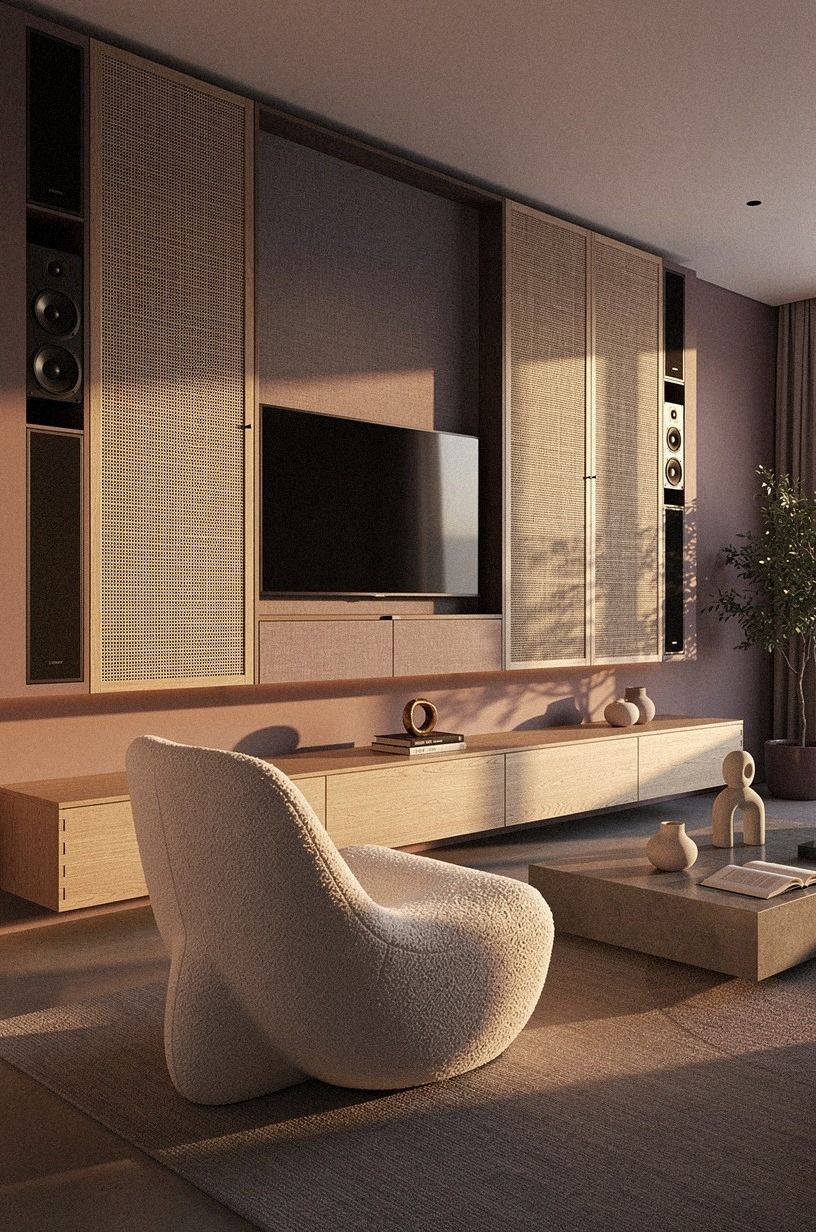 Tuck speakers behind woven cabinet fronts