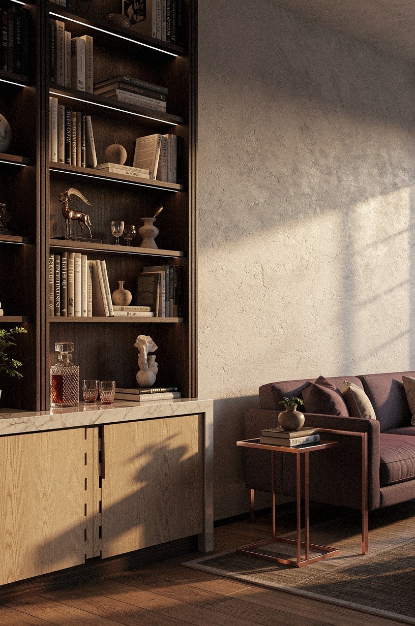 Wrap bookcases in dark walnut trim