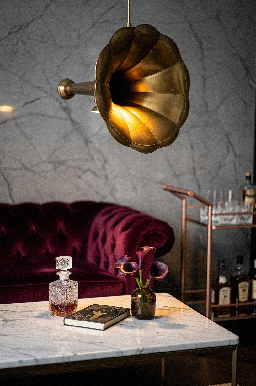 Add a gramophone-horn pendant light over the coffee table