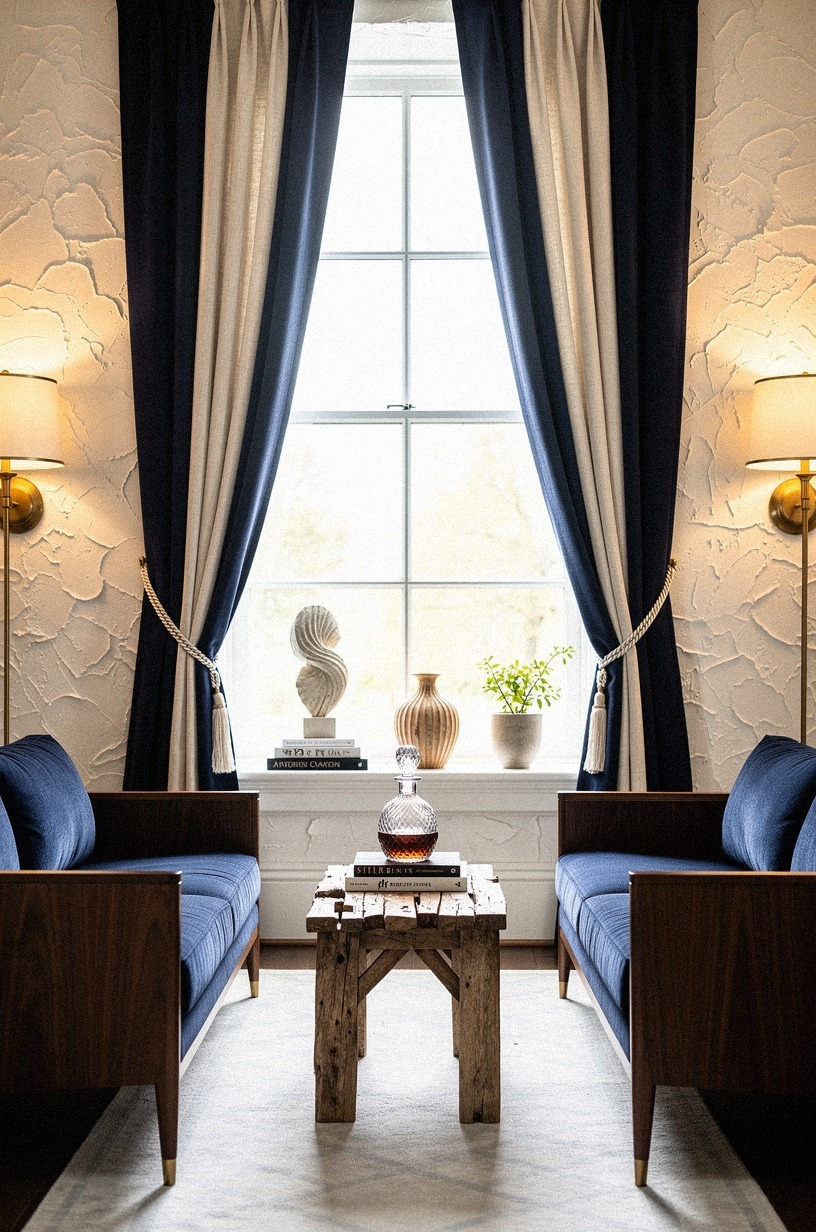 Toughen Belgian flax drapes with bullion tiebacks