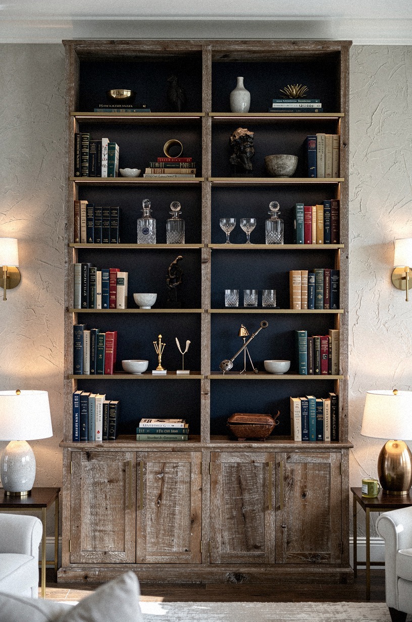 Line bookshelves with brass gallery rails