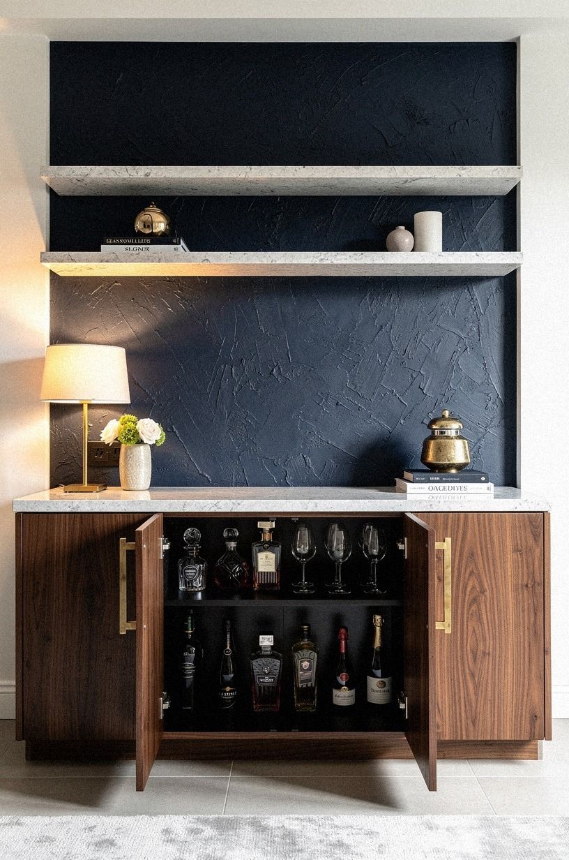 What about floating stone shelves with a concealed lower cabinet?