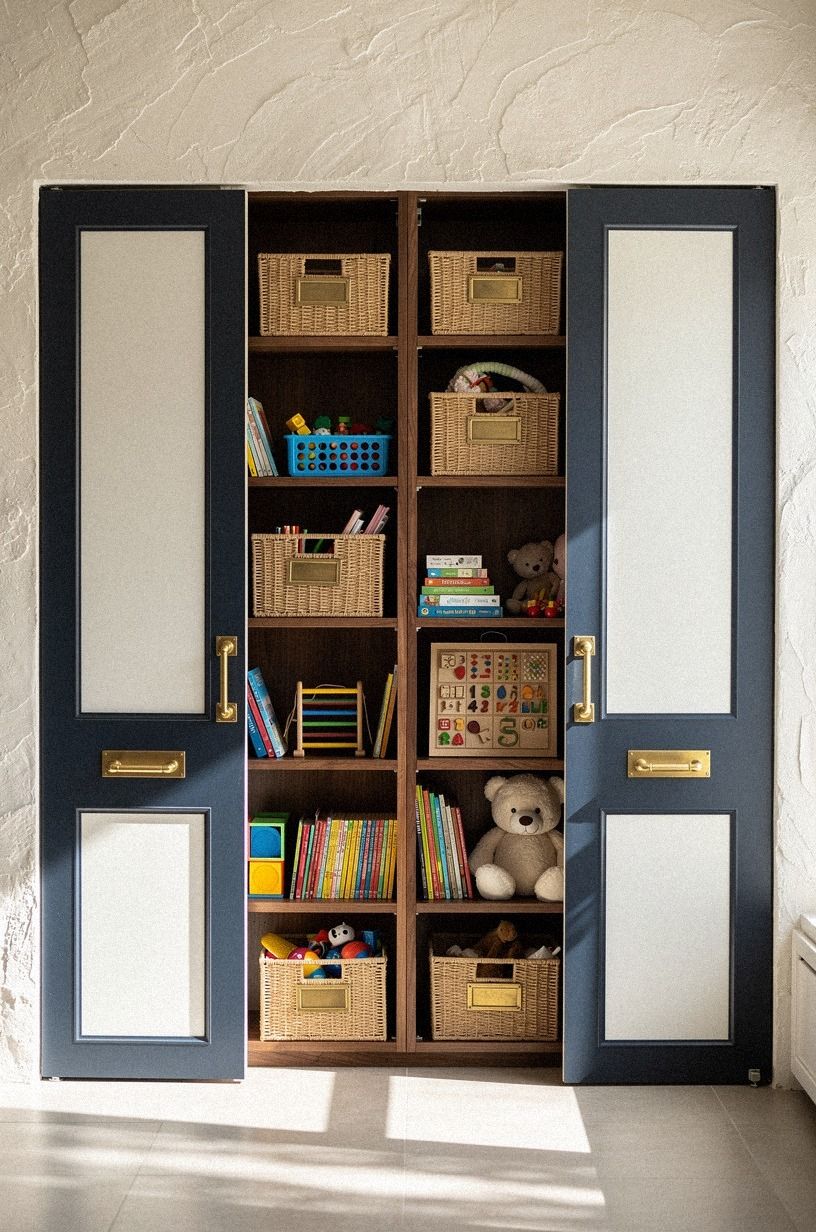 Finish with labeled baskets behind the panels
