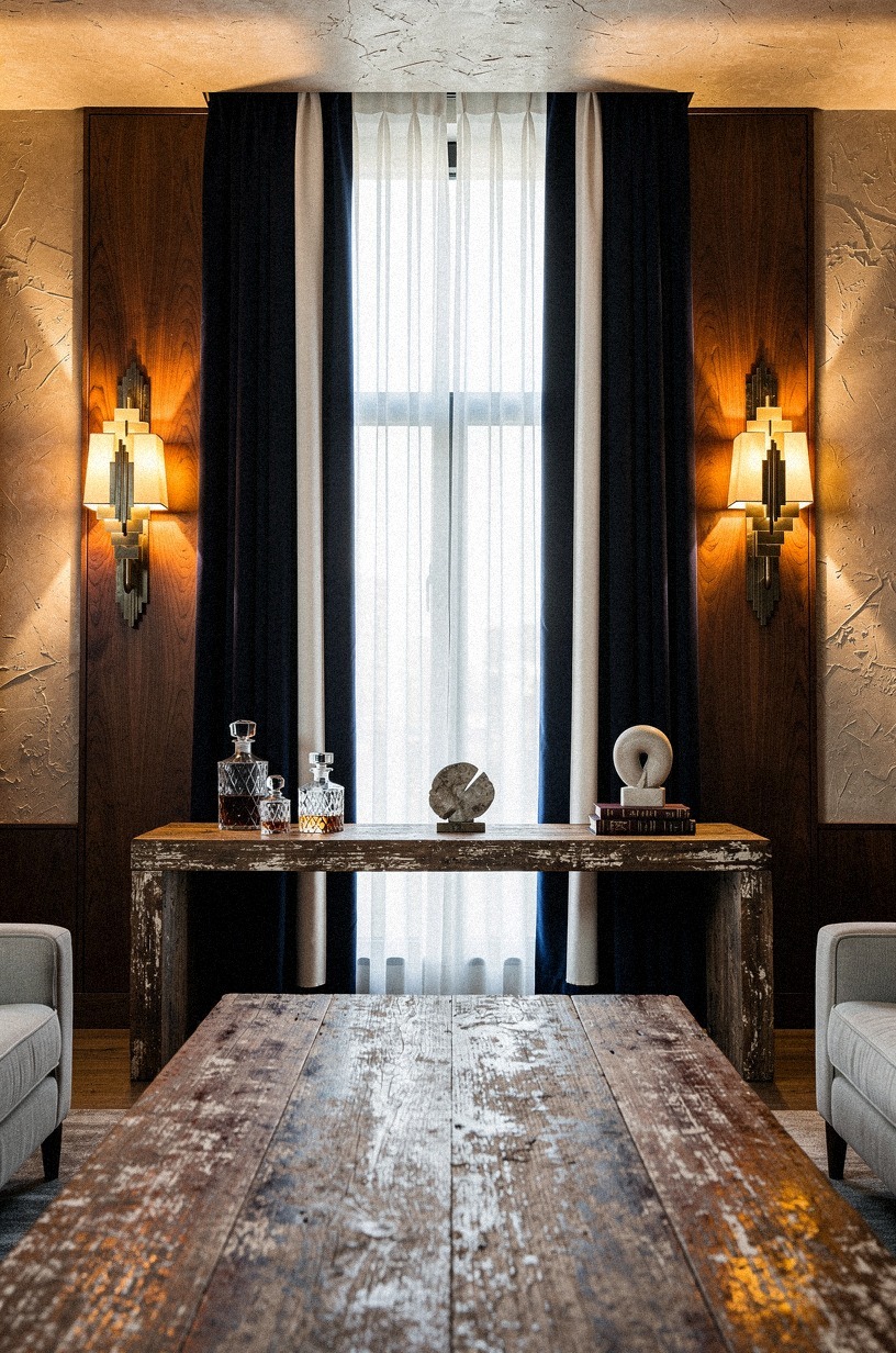Install art deco sconces beside curtains