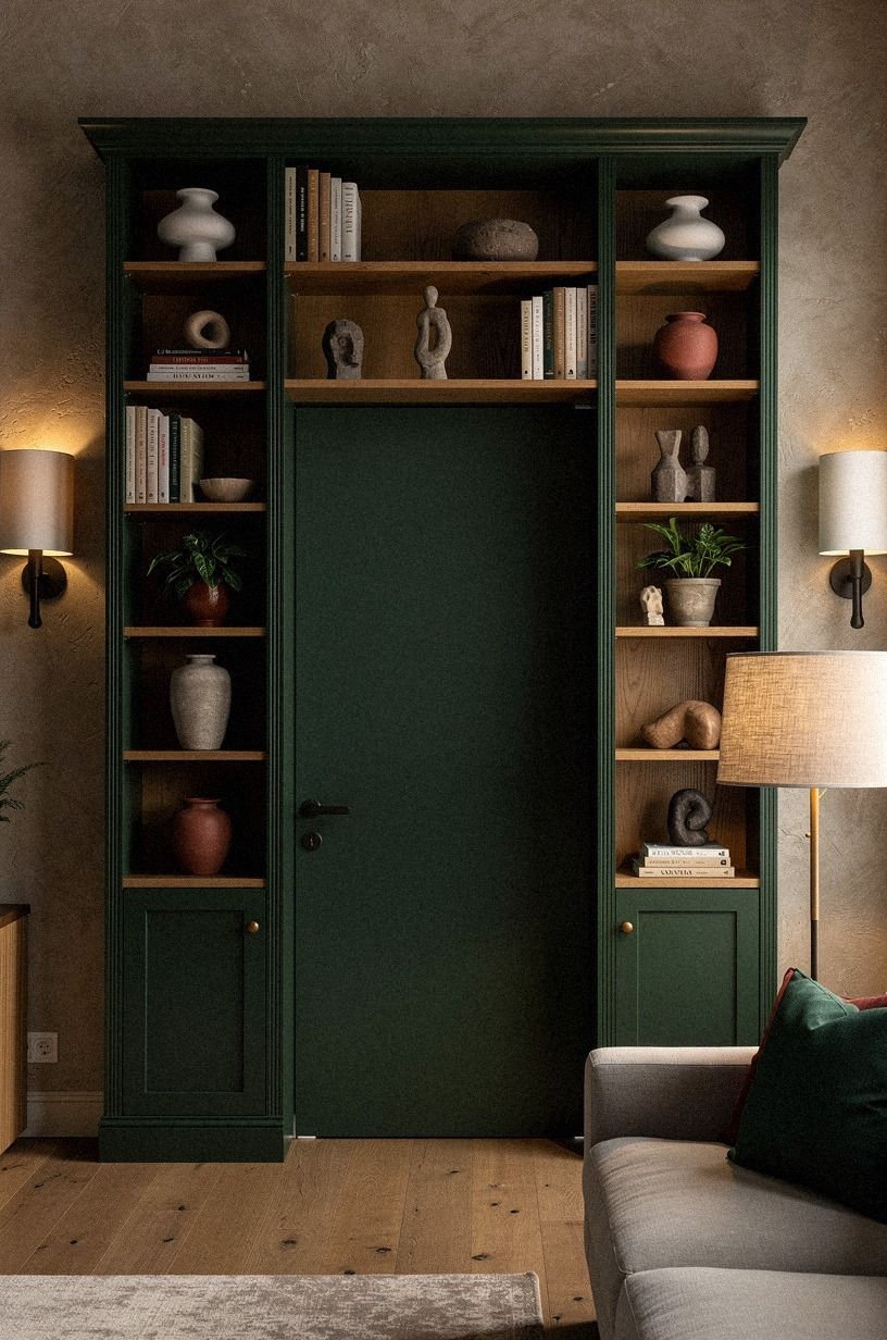 Repeat living room sconces across the bookshelf wall