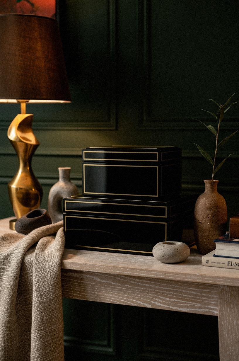 Repeat gold trim on black lacquer boxes