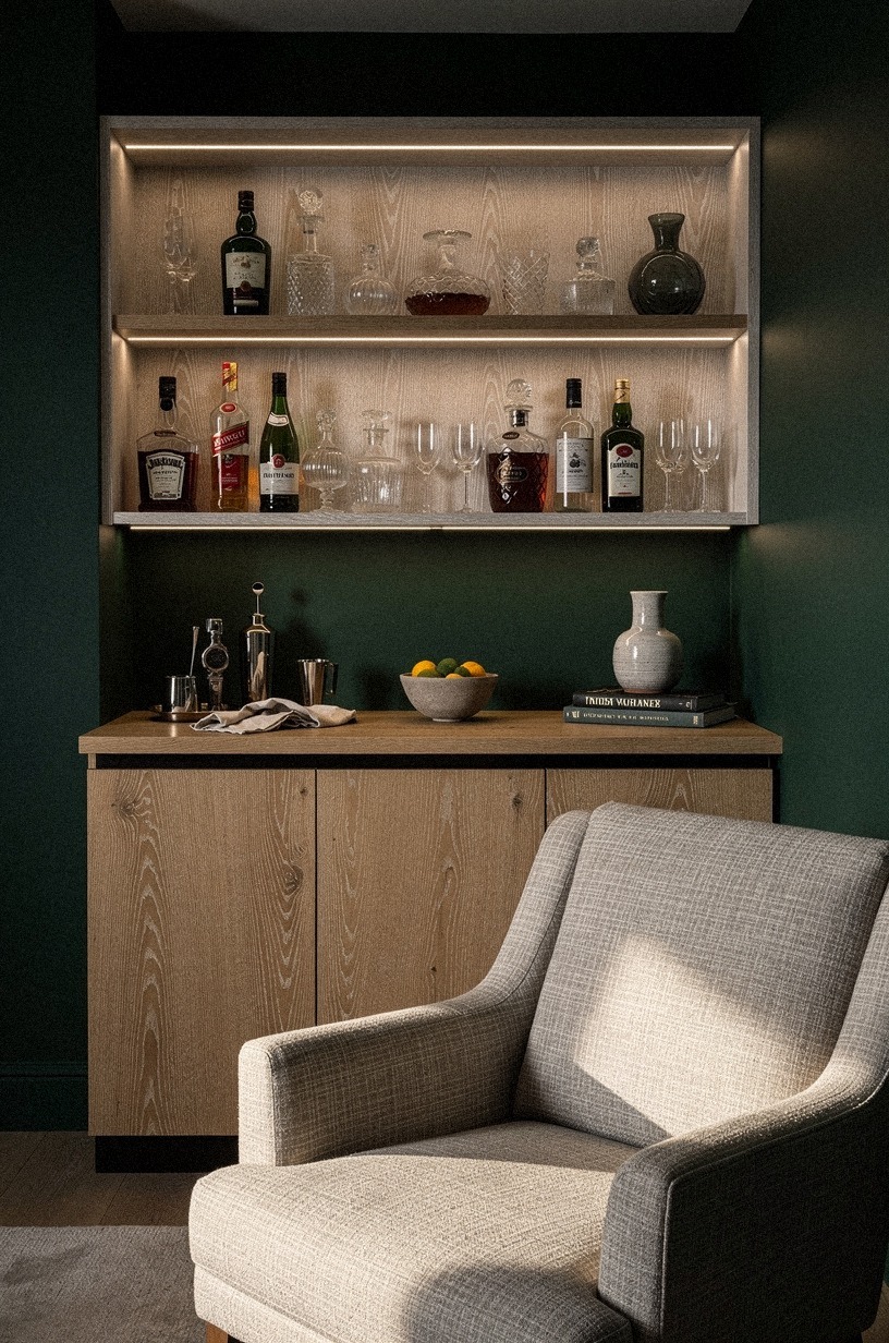 Backlight the bar shelves with warm LEDs