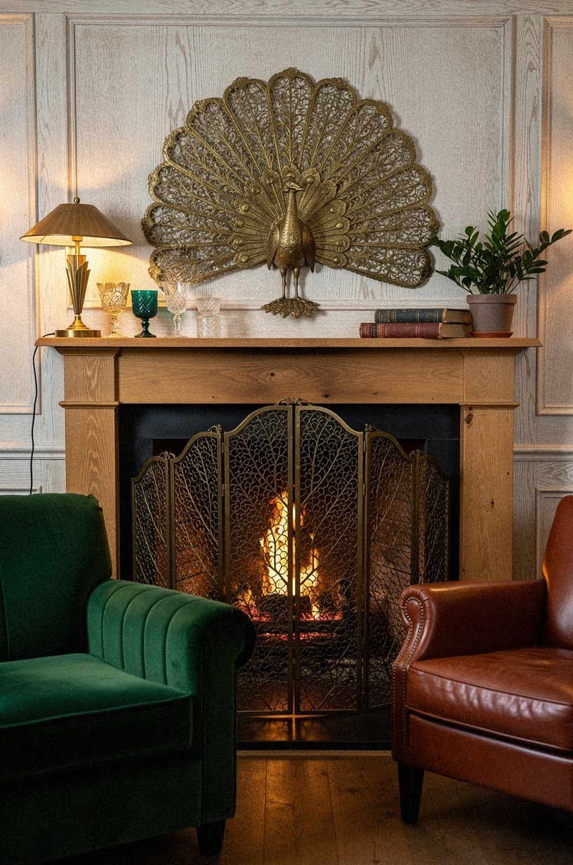 Set a brass peacock fireplace screen as the room's focal point