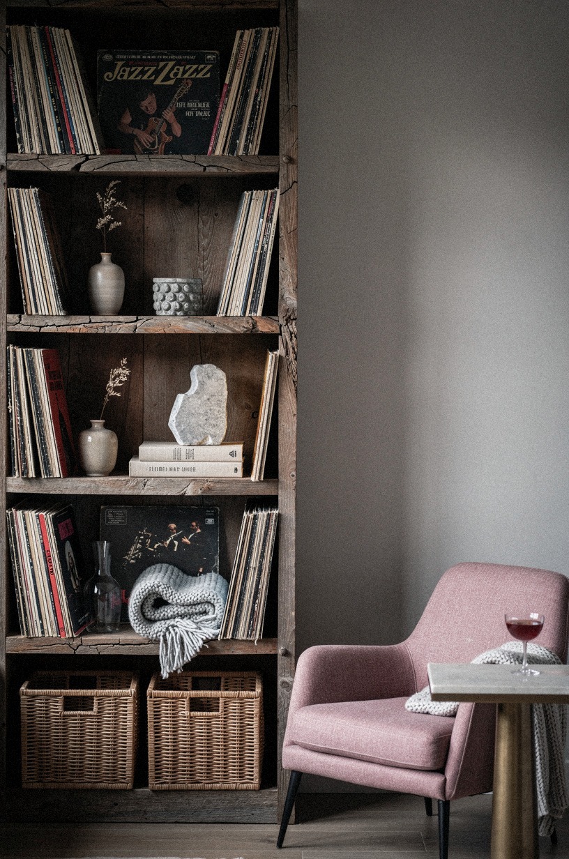 Arrange jazz records on open shelves