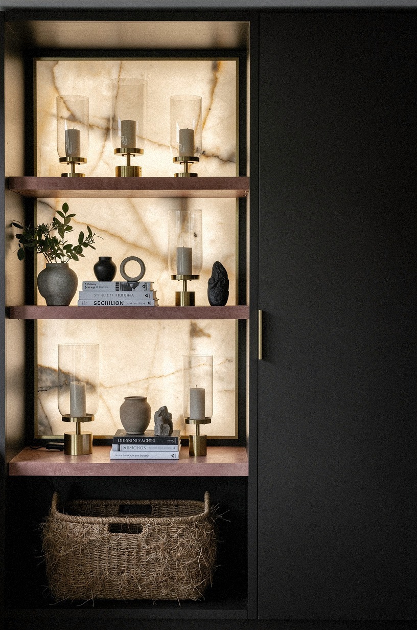 Finish shelves with brass candle hurricanes