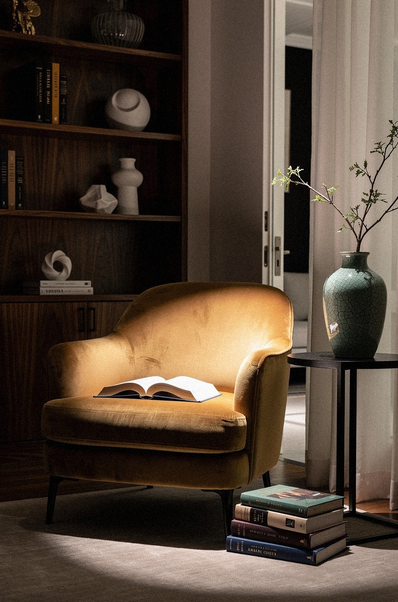 Spotlight a velvet reading chair softly