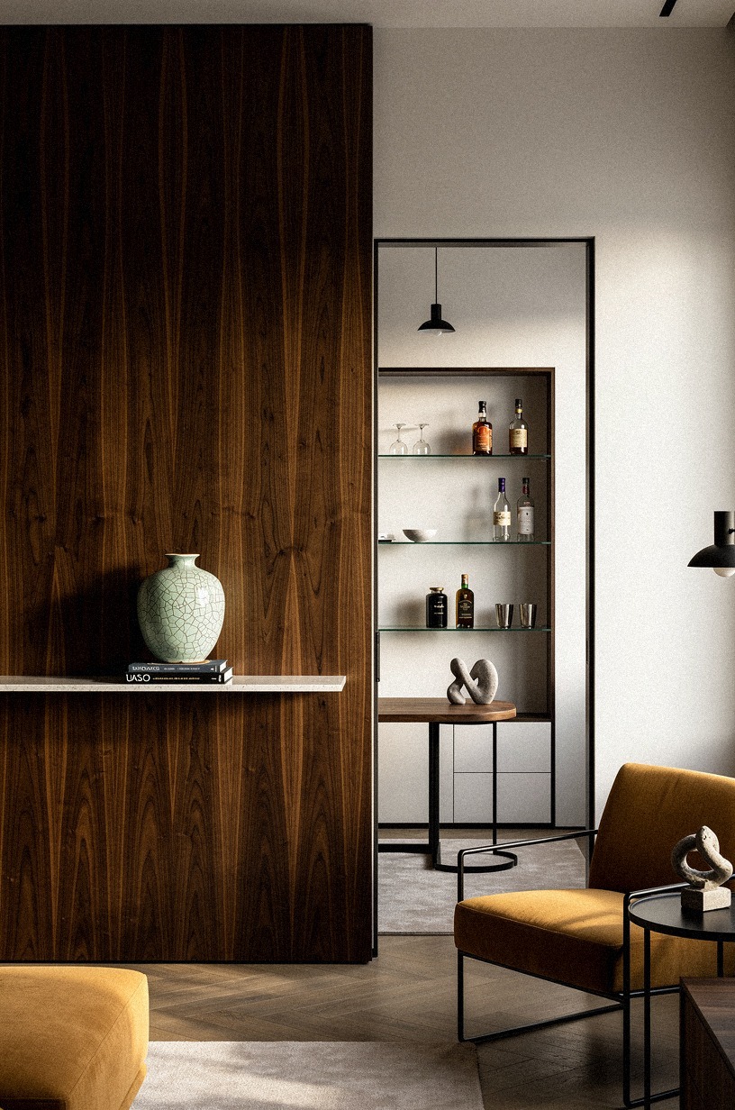 Panel one wall in dark walnut strips