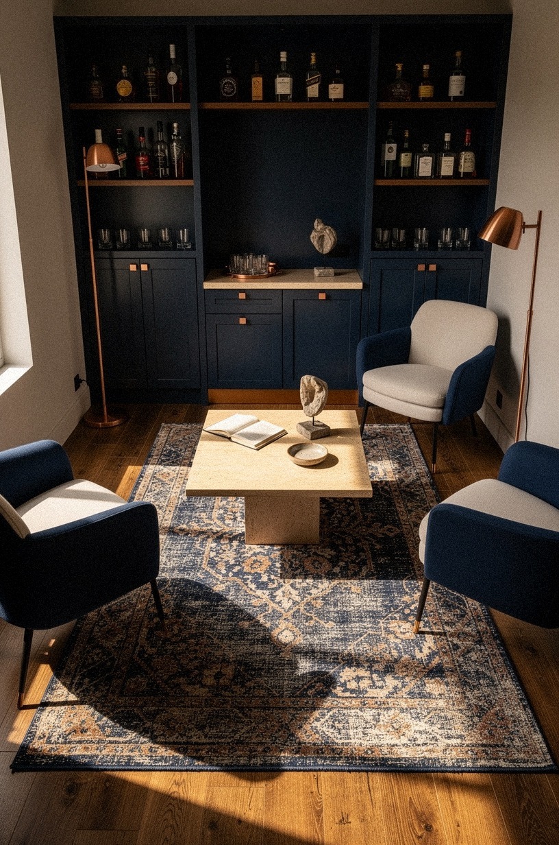 Ground the room with a faded Persian rug