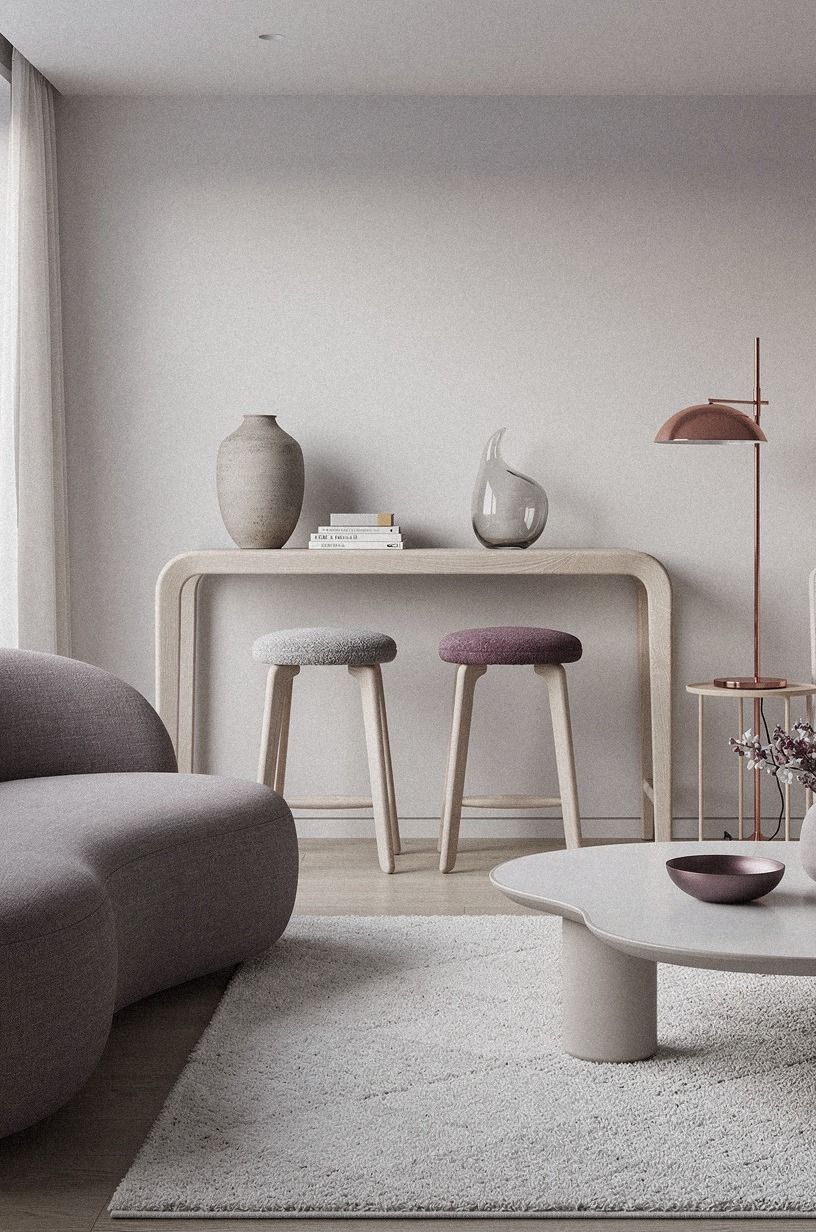 Anchor the Layout With a Slim Console and Two Stools