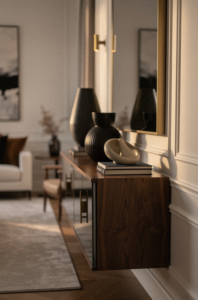 Float a slim mirrored cabinet where the sideboard used to sit