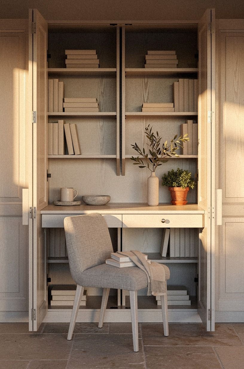 Tuck the desk behind paneled bookcase doors