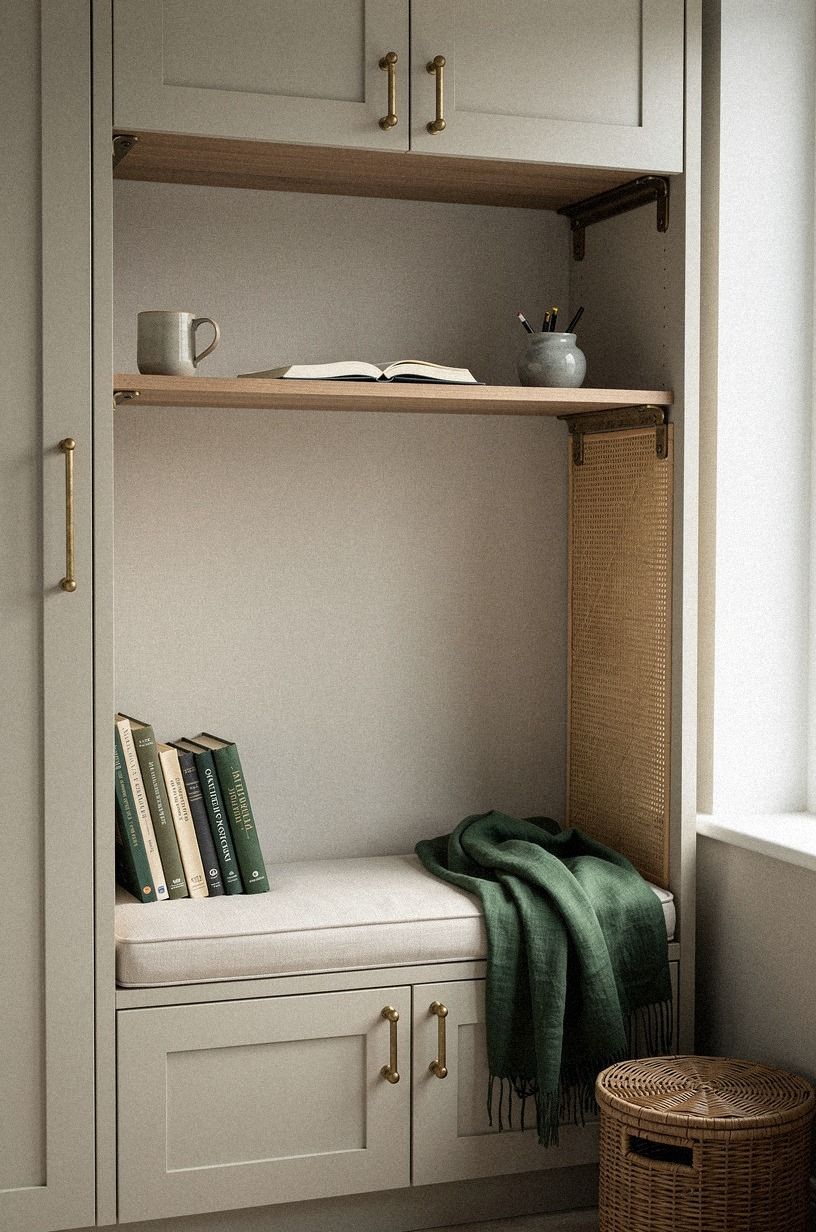 Build a window seat under office shelves