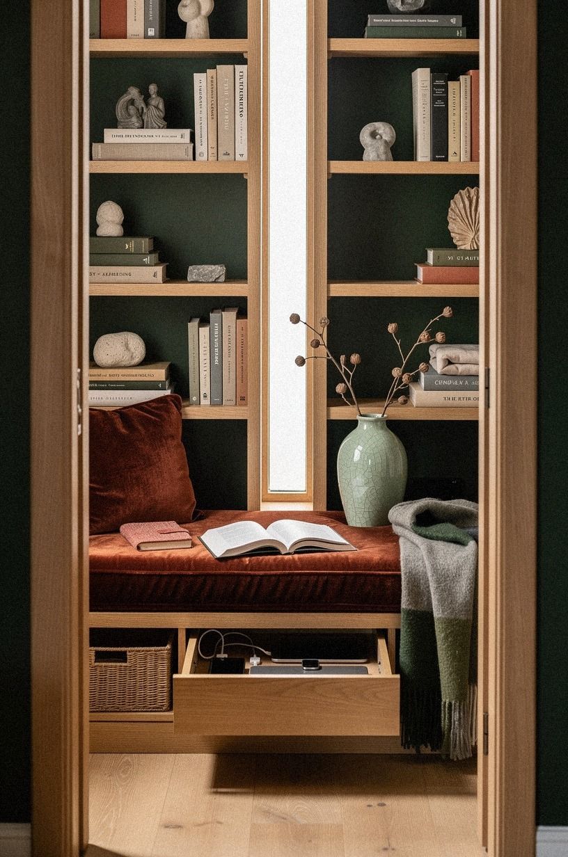 Hide charging drawers inside the reading bench