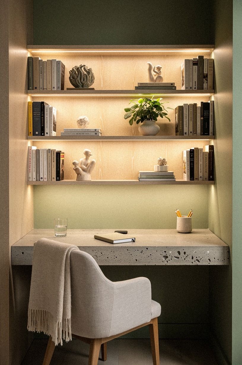 Mount picture lights over the narrow shelves