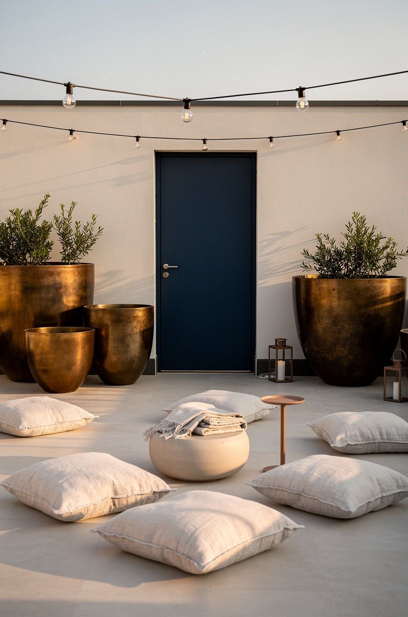 Cluster sculptural planters beside the stair door
