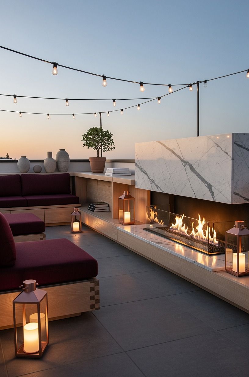 Anchor the view with a linear outdoor fireplace