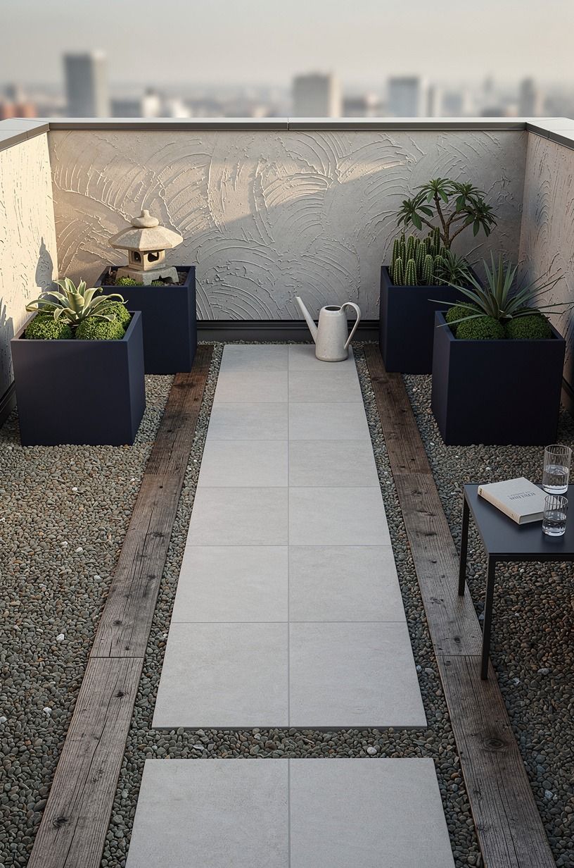 Layer gravel borders around porcelain floor tiles