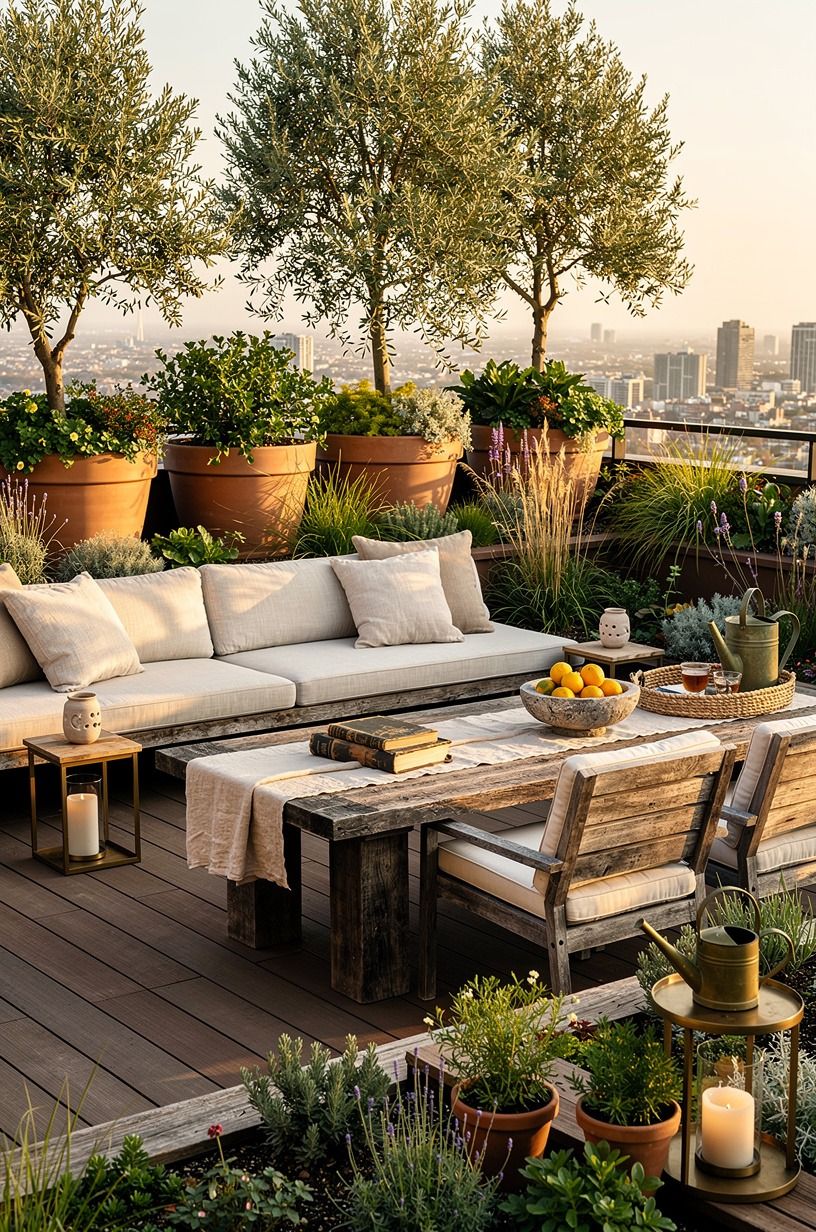 Layer a penthouse garden with three plant heights