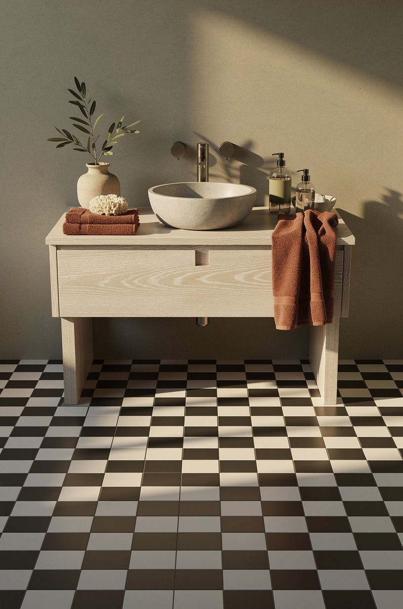 Lay checkerboard tile across the entire floor